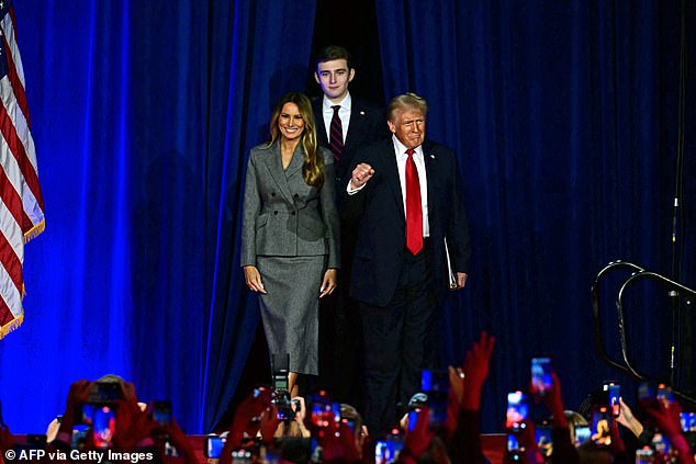 Since Barron turned 18, he has made more public appearances, particularly on his father's campaign trail. Barron is pictured here on stage with his parents on election night in 2024