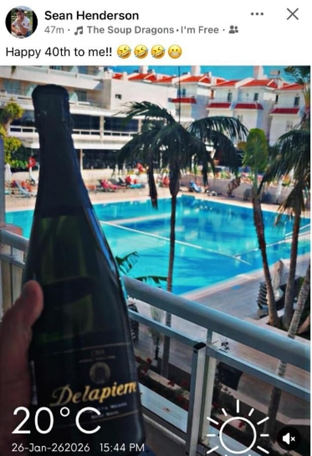 After being spared jail on his birthday, Henderson shared a Facebook post clutching a bottle of sparking wine poolside, captioned: 'Happy 40th to me!!'