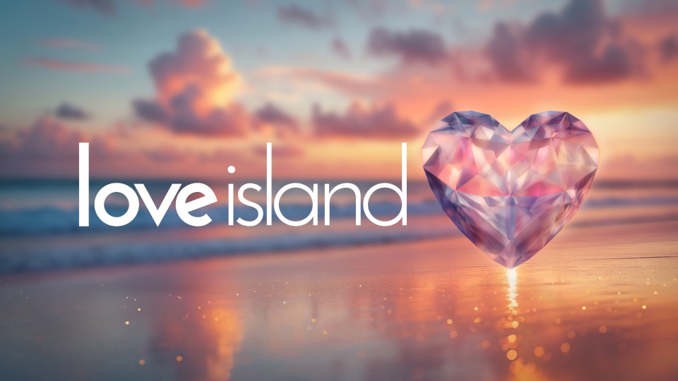 Love Island logo with a faceted heart icon on a beach at sunset.