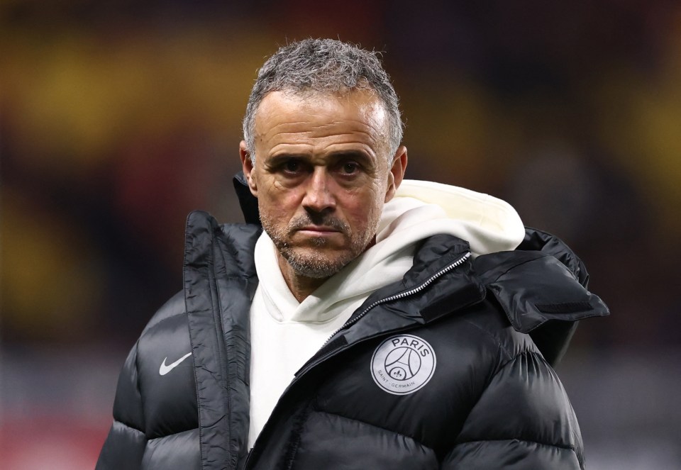 Paris Saint Germain coach Luis Enrique in a black puffer jacket over a white hoodie, looking intently into the camera.