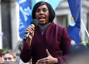 Kemi Badenoch, leader of the Conservative Party speaks to protesters outside a proposed site for a new Chinese Embassy on January 17
