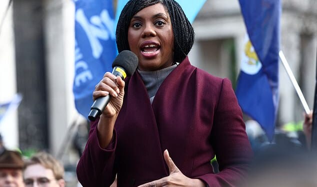 Kemi Badenoch, leader of the Conservative Party speaks to protesters outside a proposed site for a new Chinese Embassy on January 17