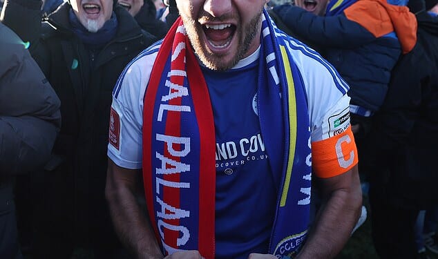 Macclesfield's captain Paul Dawson celebrates Macclesfield victory against Crystal Palace in the biggest upset in FA Cup history