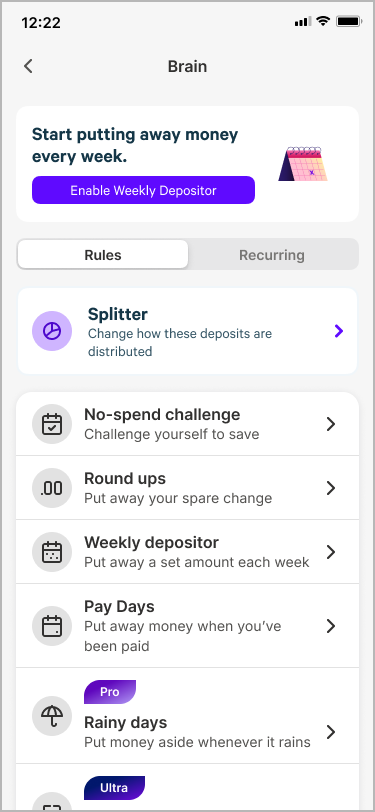 A mobile app screen for "Brain" with options including "No-spend challenge," "Round ups," and "Weekly depositor."