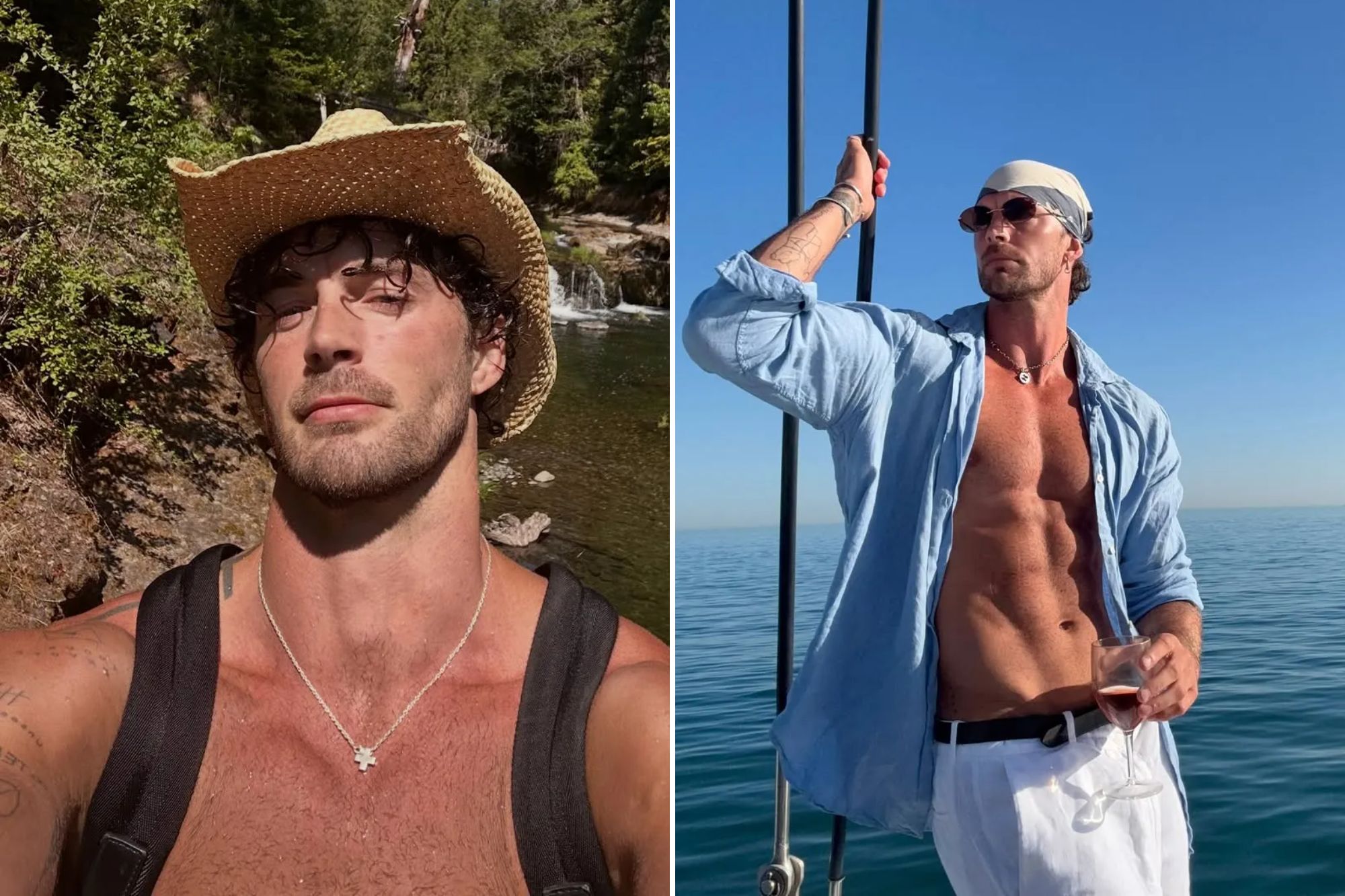 An image collage containing 2 images, Image 1 shows Christian Hogue in a straw hat and backpack stands in front of a forest and stream, Image 2 shows Christian Hogue posing shirtless on a boat
