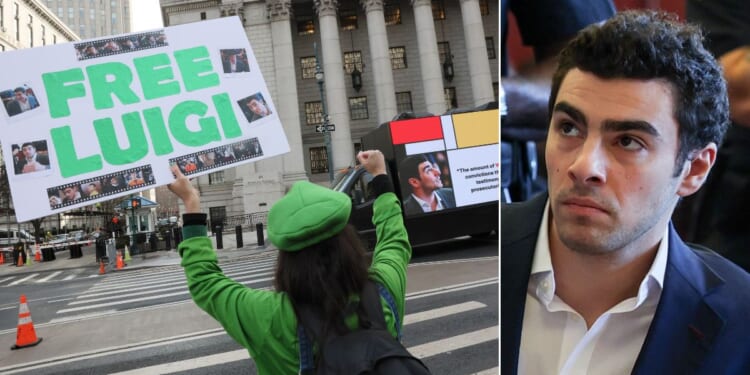 An unidentified supporter, left, is seen demonstrating on Jan. 9 for the release of Luigi Mangione, right, accused of fatally shooting UnitedHealthcare CEO Brian Thompson on Dec. 4, 2024. Another Mangione supporter was arrested Thursday for allegedly posing as an FBI officer demanding the suspect's release. (Michael M. Santiago / Getty Images; Shannon Stapleton - pool / Getty Images)