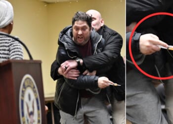 Anthony Kazmierczak is tackled after spraying a substance - later identified as vinegar - at Democratic Rep. Ilhan Omar of Minnesota, left, during a town hall she was hosting Wednesday in Minneapolis.