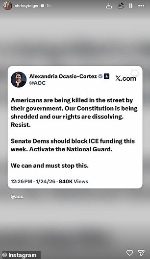 Teigen also jumped to her Instagram stories to repost a tweet shared by Alexandria Ocasio-Cortez on X