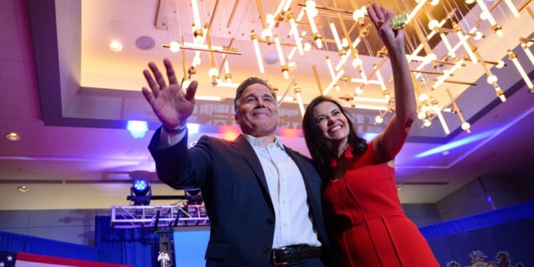 Sen. Dave McCormick and wife Dina Powell thank supporters after declaring victory in a closely contested race with incumbent Sen. Bob Casey on Nov. 6, 2024, in Pittsburgh, Pennsylvania.