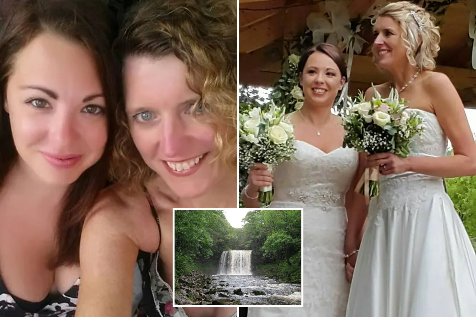 An image collage containing 3 images, Image 1 shows Rachael Patching (left) and her wife Helen (right), Image 2 shows Two brides, Rachael Patching and Helen Patching, smiling and holding bouquets on their wedding day, Image 3 shows Sgwd yr Eira waterfall in Brecon Beacons National Park