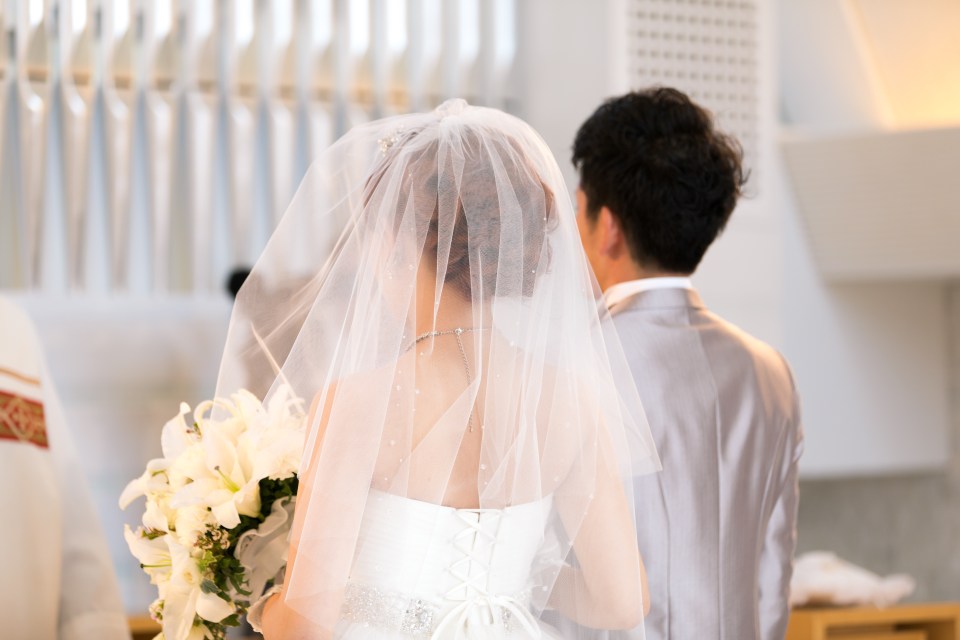 Rear view of a bride and groom during a wedding ceremony.