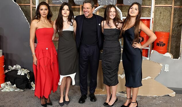 Matt Damon was joined by his stunning wife Luciana and their four daughters Alexia, 25, Isabella, 19, Gia, 17, and Stella, 15, at the premiere on his new film The Rip on Tuesday in New York City (L-R Luciana, Isabella, Matt, Stella, Gia)