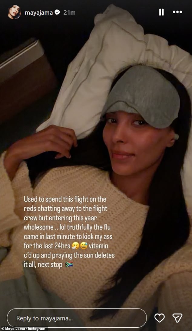 Sharing an update on her health on the plane on Monday, Maya flashed a small smile as she posed for a selfie while preparing to get some sleep