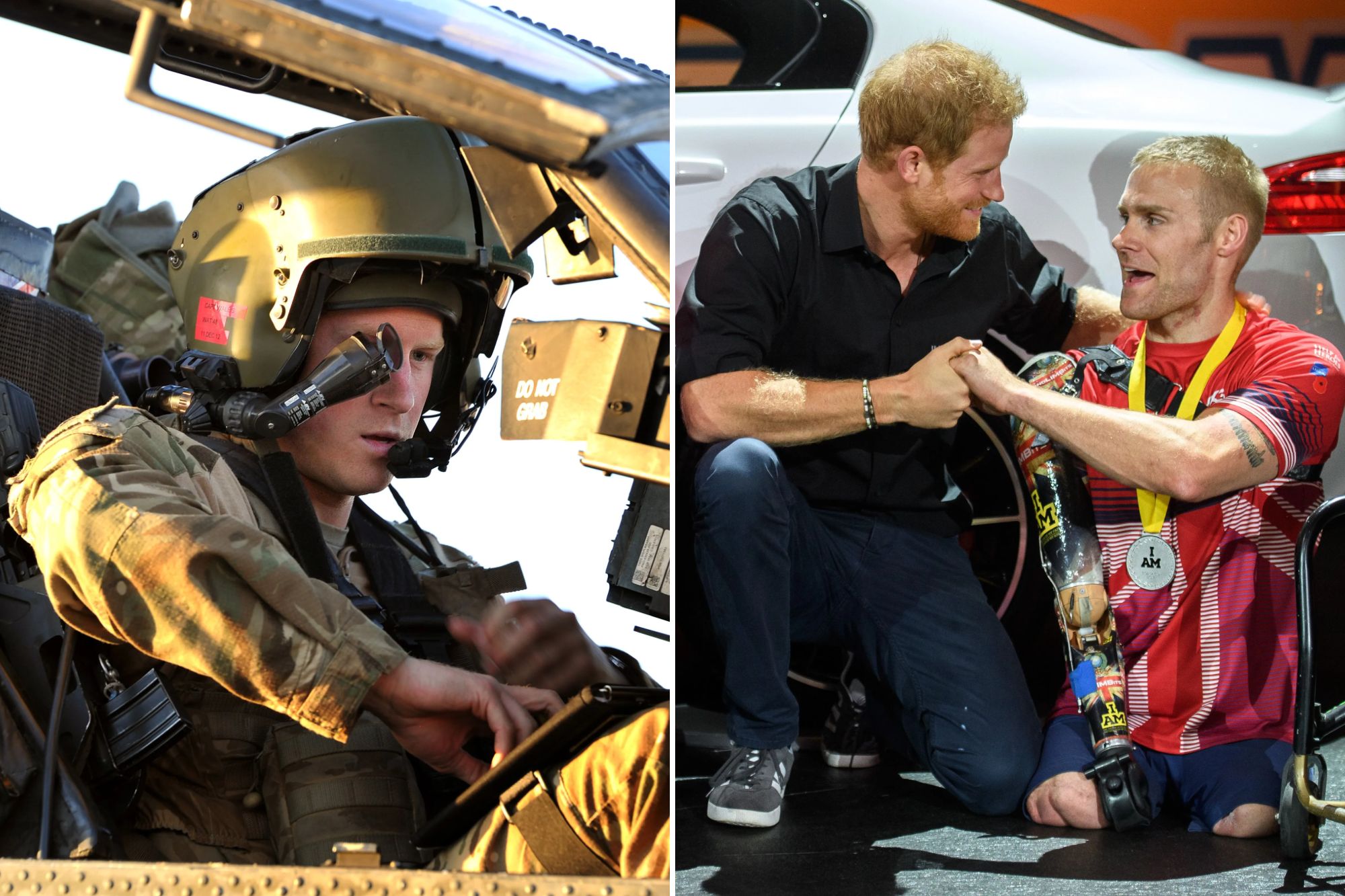 An image collage containing 2 images, Image 1 shows Prince Harry wears a monocle gun sight while sitting in the cockpit of an Apache Helicopter, Image 2 shows Prince Harry shaking hands with Mark Ormrod at the Invictus Games