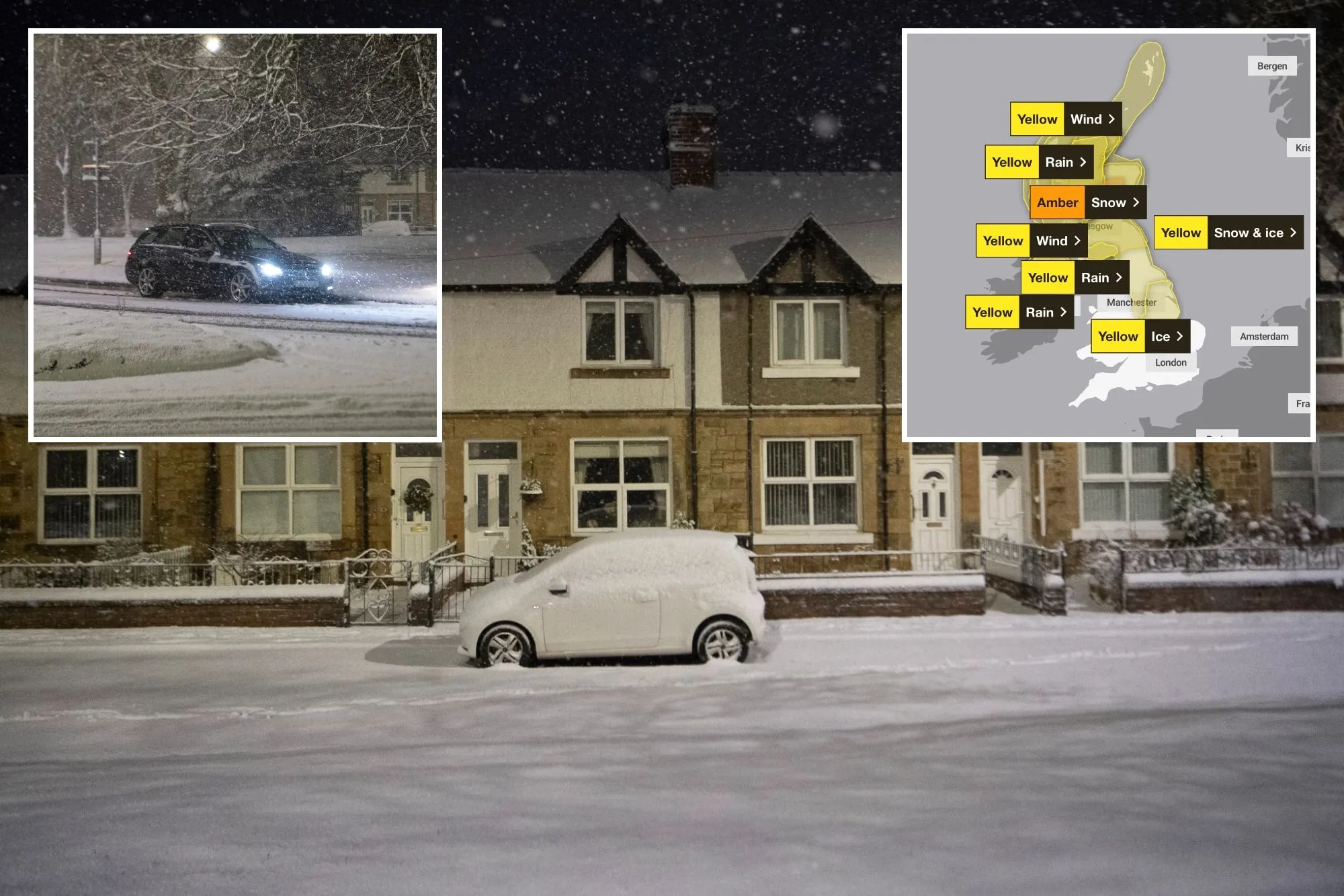 An image collage containing 3 images, Image 1 shows Heavy snow is falling on much of County Durham this morning, Image 2 shows Heavy snow is falling on much of County Durham this morning, Image 3 shows Weather warning map for the UK showing yellow alerts for wind, rain, snow & ice, and amber for snow