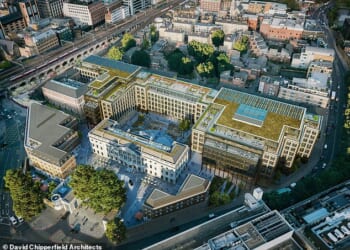 China is reportedly planning to build a secret underground room that could be used to spy on the UK at the site of its controversial 'super embassy' in London. Pictured: Concept plans for the embassy which will be located on the former Royal Mint site
