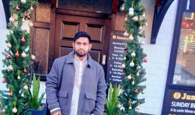 Ijaj Abid Redwan Hridoy, who also goes by the name Ijaj Ahmed, poses outside the Junoon Indian restaurant in Helsby, Cheshire, in December 2023 - less than four months after he was granted a care worker visa by the Home Office
