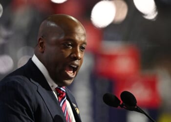 Rep Wesley Hunt, a Republican from Texas, speaks on stage during the first day of the Republican National Convention at the Fiserv Forum on July 15, 2024, in Milwaukee, Wisconsin.