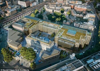 China is reportedly planning to build a secret underground room that could be used to spy on the UK at the site of its controversial 'super embassy' in London. Pictured: Concept plans for the embassy which will be located on the former Royal Mint site