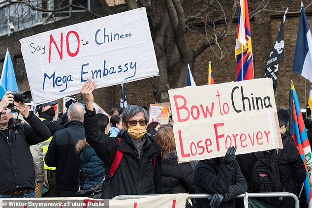 The government has signed off the plans for a new Chinese embassy this morning, despite furious opposition from many MPs. Pictured protesters including Tibetans, Uyghurs and Hongkongers last week