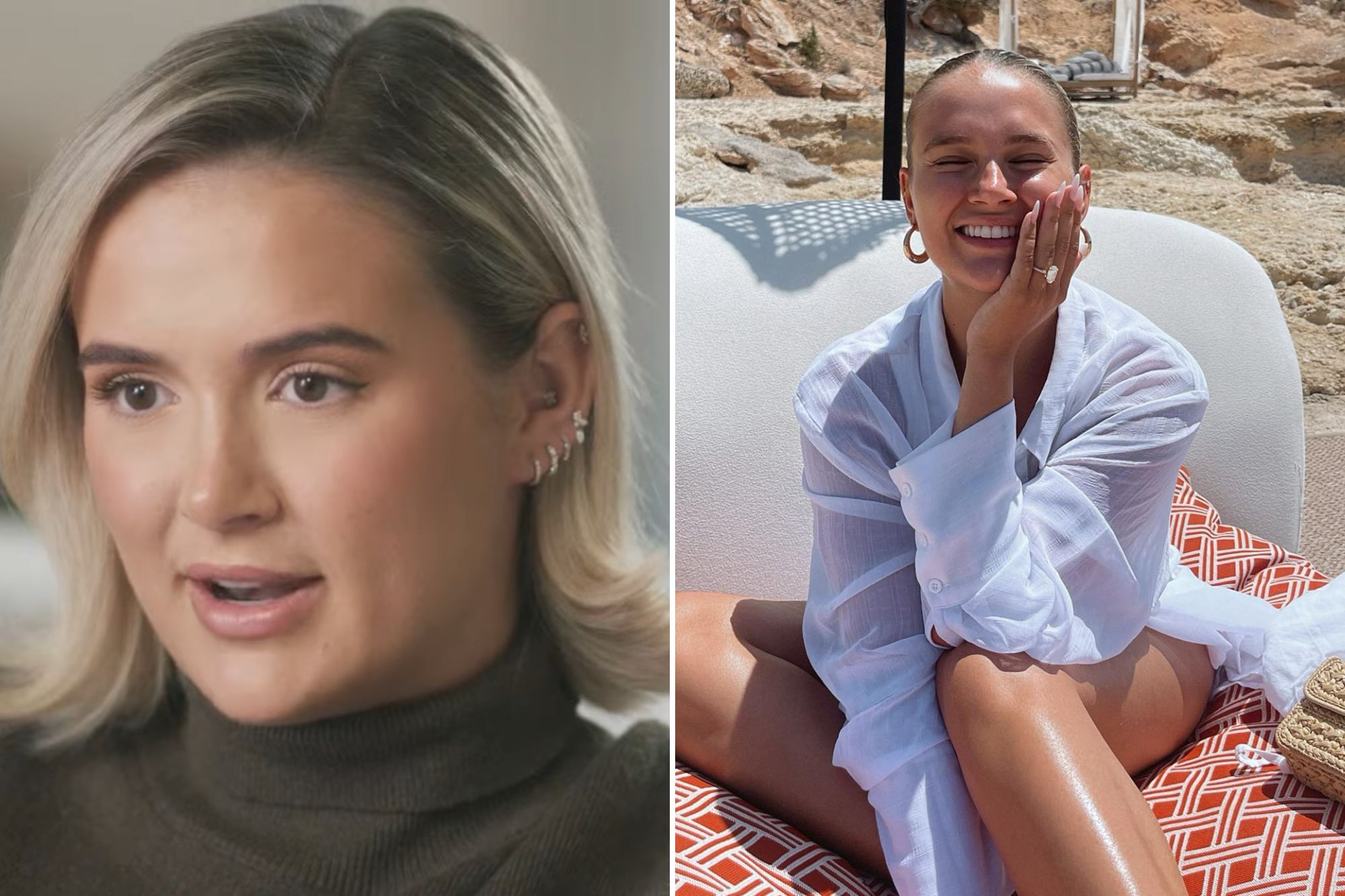 An image collage containing 2 images, Image 1 shows Molly-Mae Hague in a dark green turtleneck, looking to the left and talking, Image 2 shows Molly Mae and Tommy with their child enjoying their Christmas holiday in the Maldives