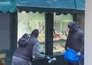 This is the moment hammer-wielding thugs broke into a family-run jewellers and ransacked the window display while brave staff tried to fend them off