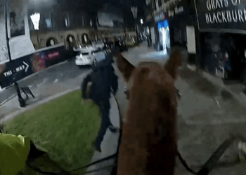 Moment police horse chases down wanted criminal through town centre high street