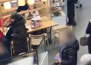 This is the moment a thief, pictured, left, swipes a rucksack containing £600 worth of possessions at St Pancras station