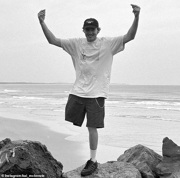 Recalling the attack, Kai McKenzie (pictured) said he repeatedly trying to kick the shark away before finally catching a wave to shore where a former police officer raced to help him