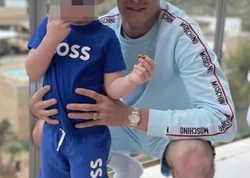 Blue Stevens with his son. He was stabbed outside the £1,650-a-night 5-star Park Tower Hotel and Casino, which is directly across the road from the Harvey Nichols department store in central London, on July 9