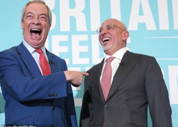 Reform UK leader Nigel Farage with Nadhim Zahawi at a press conference on Monday
