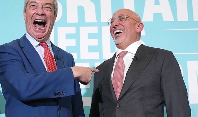 Reform UK leader Nigel Farage with Nadhim Zahawi at a press conference on Monday