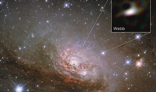 NASA has revealed the closest ever look at the edge of a black hole 13 million light-years from Earth, and it could help solve a decades-old galactic mystery. Pictured: The new James Webb Space Telescope image overlaid on the Hubble image