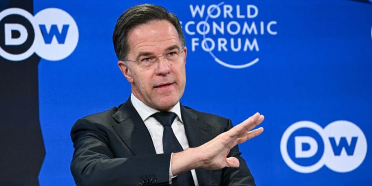 NATO Secretary General Mark Rutte gestures as he speaks during the World Economic Forum annual meeting in Davos on Jan. 21, 2026.