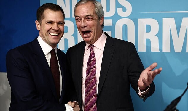 Robert Jenrick shakes hands with Reform UK leader, Nigel Farage, after announcing his defection to Reform