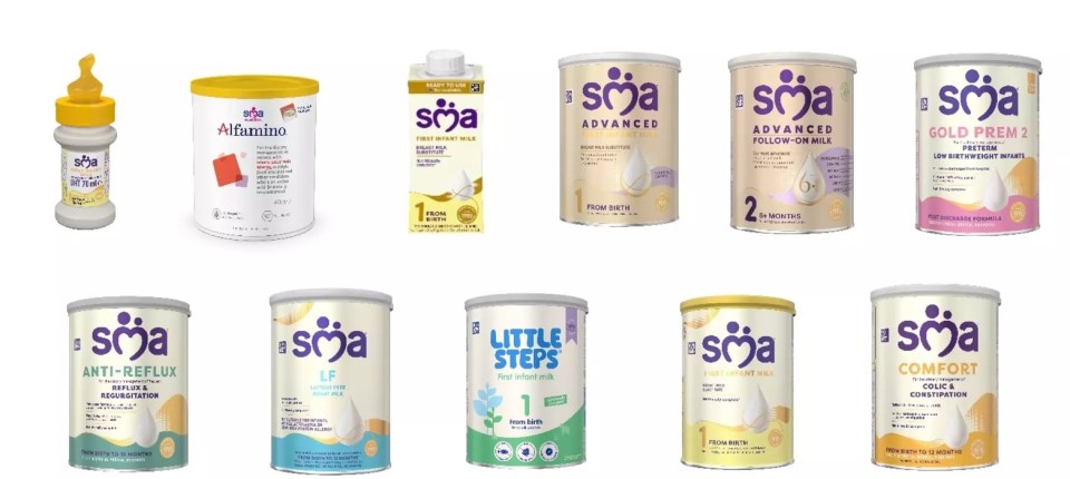 A collage of various SMA brand baby formula and milk products.