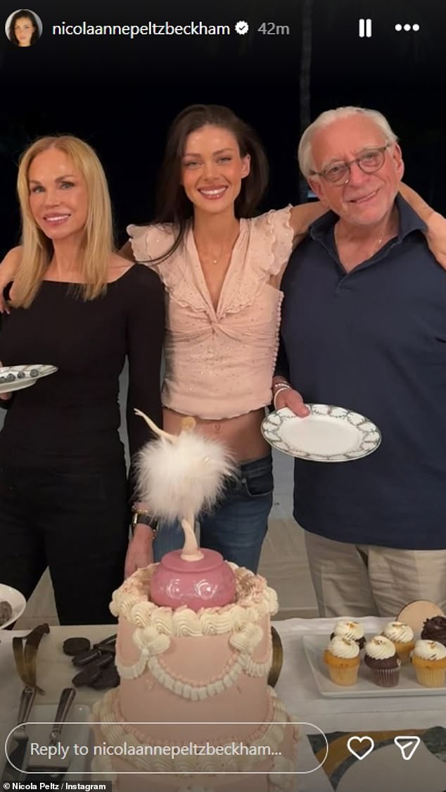 Nicola Peltz celebrated her 31st birthday with her husband Brooklyn and family in Florida with a pink themed party. The actress posed with her parents Nelson, 83, and Claudia, 70, for a snap