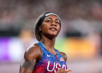 Sha'Carri Richardson of the United States celebrates at the finish line winning the gold medal during the 4x100 Metres Relay Women Final at day nine of the World Athletics Championships Tokyo 2025 at National Stadium on Sept. 21, 2025, in Tokyo, Japan.