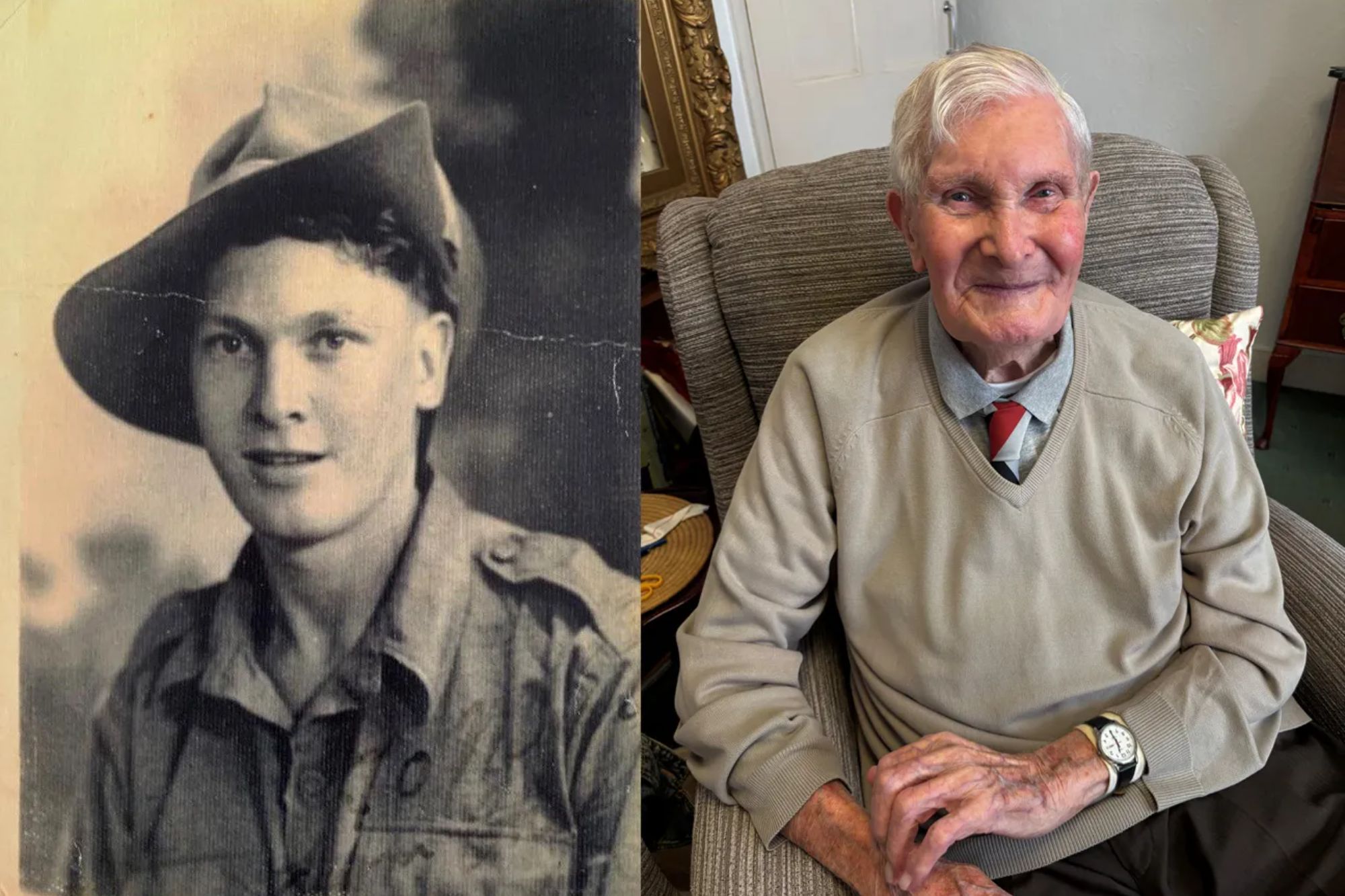 An image collage containing 1 images, Image 1 shows Collage of a black and white portrait of Charlie Richards as a young soldier and a color portrait of him as an older man