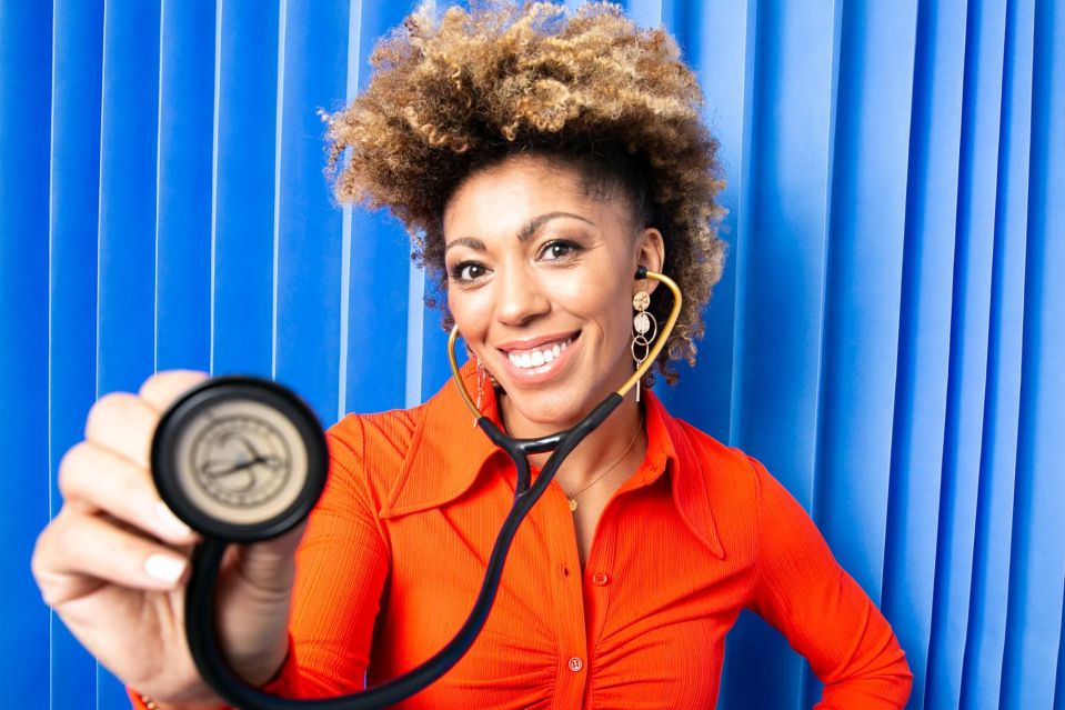An image collage containing 1 images, Image 1 shows Sun columnist Dr Zoe poses with a stethoscope against a blue background