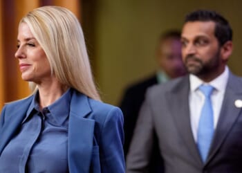 Attorney General Pam Bondi and FBI Director Kash Patel arrive for a news conference on an arrest of a suspect in the Jan. 6 pipe bombing case at the Department of Justice on Dec. 4, 2025, in Washington, D.C.