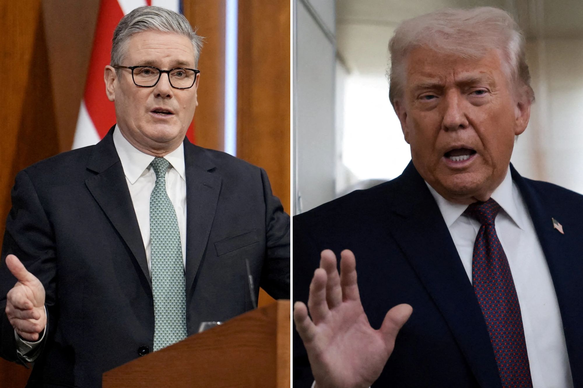 An image collage containing 2 images, Image 1 shows : British Prime Minister Starmer delivers a statement in London, Image 2 shows : U.S. President Donald Trump speaks to reporters aboard Air Force One