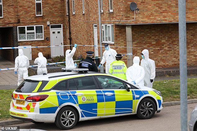 Police at the murder scene in Laindon, Essex, after James Gibbons was stabbed in May 2021
