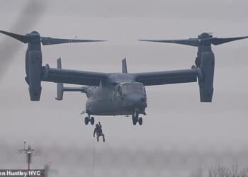 Special forces have been seen practicing 'fast roping' from an V-22 Osprey aircraft