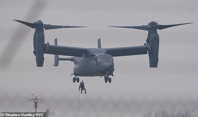 Special forces have been seen practicing 'fast roping' from an V-22 Osprey aircraft