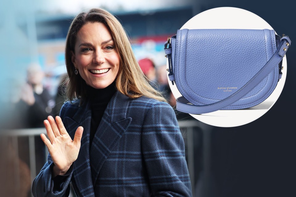 Collage of Kate Middleton waving and a light blue Aspinal of London crossbody bag.