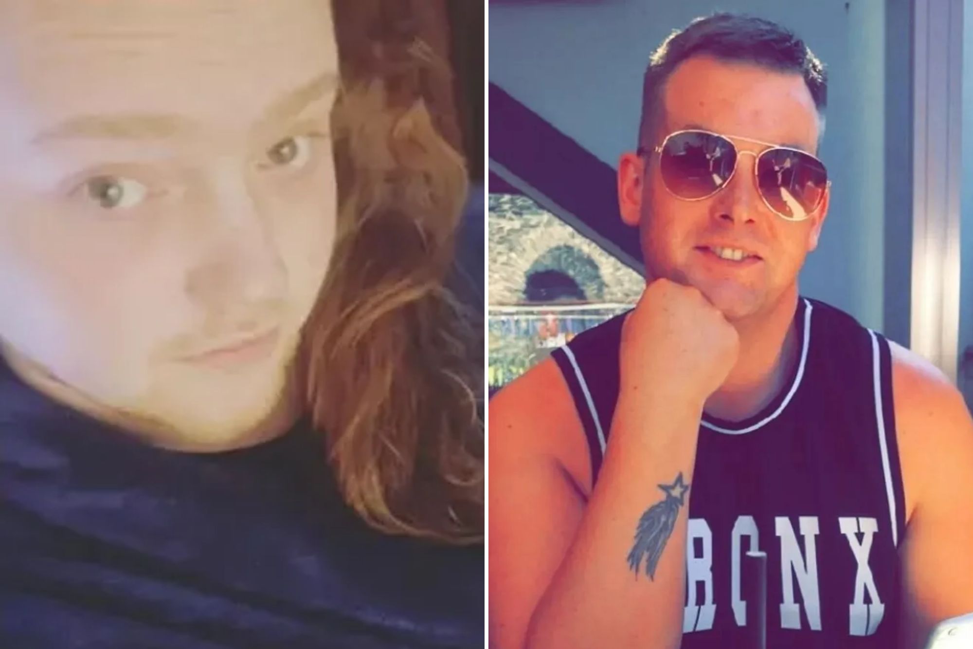 An image collage containing 2 images, Image 1 shows Headshot of Josh Baxter looking at the camera, Image 2 shows Michael Barron wearing sunglasses and a "BRONX" tank top, sitting at a table with a drink and holding a phone