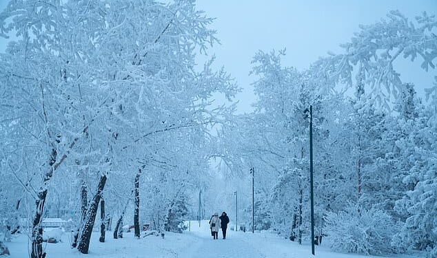 A view of ice-covered trees and infrastructure after a prolonged period of freezing temperatures of -40 degrees Celsius in the Siberian city of Krasnoyarsk, Russia