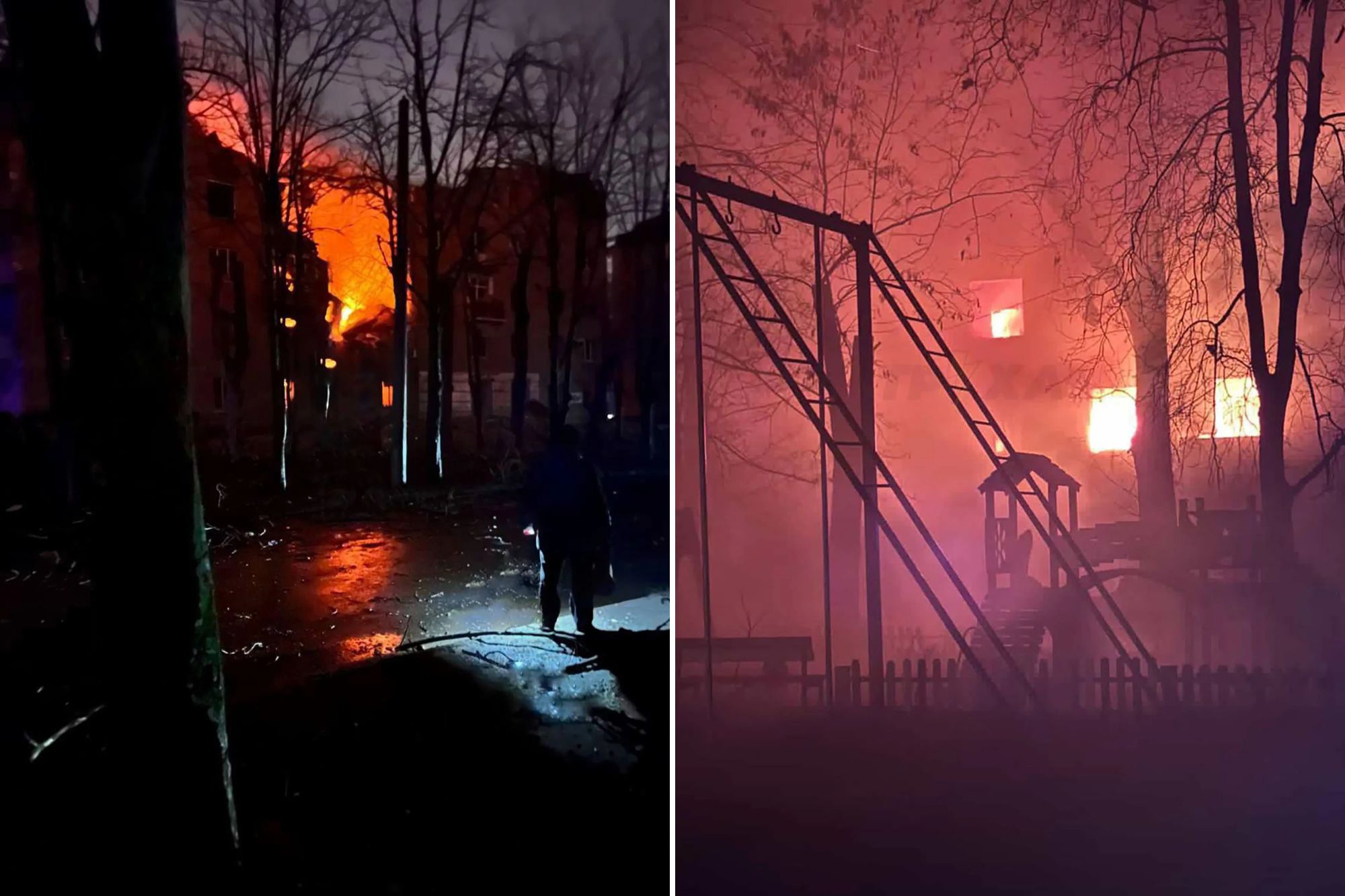 An image collage containing 2 images, Image 1 shows Residential buildings in Kryvyi Rih engulfed in flames after Russian missile strikes, Image 2 shows A house on fire in the distance, seen through the dark silhouettes of bare trees and a children's playset