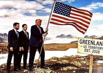An AI-generated image shared by Donald Trump on social media of him planting the US flag in Greenland
